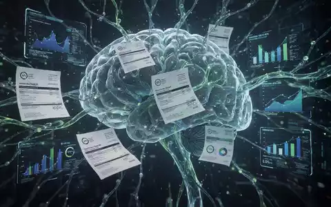 Abstrakte Darstellung von Finanzdaten und Rechnungen, die durch ein neuronales Netzwerk fließen, symbolisiert KI-Automatisierung und Kostensenkung. - Foto: über boerse-global.de