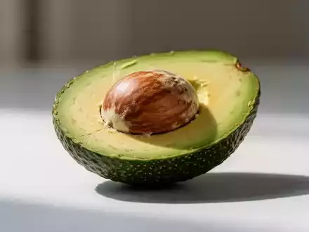 Eine perfekt halbierte Avocado mit sichtbarem Kern und leuchtend grünem Fruchtfleisch auf einer minimalistischen Oberfläche. - Foto: über boerse-global.de