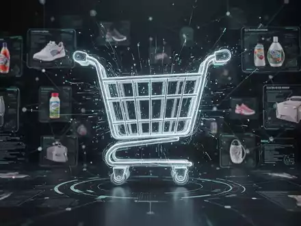 A stylized, glowing shopping cart icon, digitally enhanced, surrounded by faint holographic product images and interconnected digital platforms. - Foto: über boerse-global.de