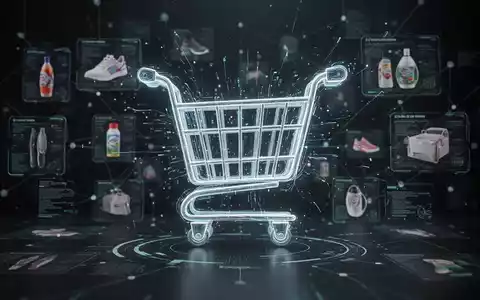 A stylized, glowing shopping cart icon, digitally enhanced, surrounded by faint holographic product images and interconnected digital platforms. - Foto: über boerse-global.de