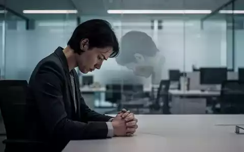 Eine Person sitzt allein in einem modernen Büro, den Kopf gesenkt, Hände gefaltet, was Nachdenklichkeit und inneren Kampf vermittelt. - Foto: über boerse-global.de