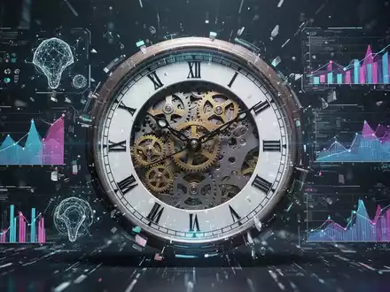 Eine stilisierte Uhr mit Zahnrädern und digitalen Elementen, umgeben von abstrakten Datenvisualisierungen, die Produktivität und KI darstellen. - Foto: über boerse-global.de