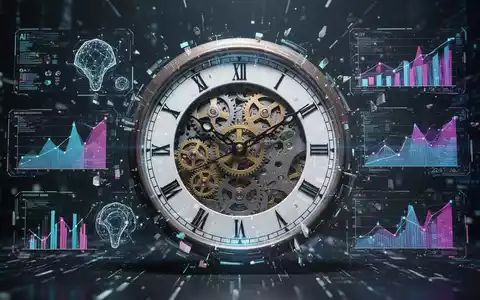 Eine stilisierte Uhr mit Zahnrädern und digitalen Elementen, umgeben von abstrakten Datenvisualisierungen, die Produktivität und KI darstellen. - Foto: über boerse-global.de