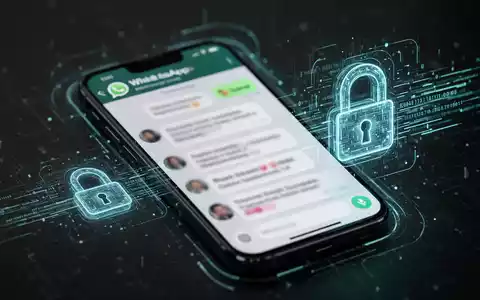 Smartphone with a WhatsApp chat and digital security icons, symbolizing data leaks and fraudulent communications. - Foto: ĂŒber boerse-global.de