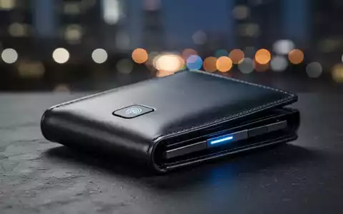 Eine elegante Ledergeldbörse mit integriertem Tracker liegt auf einer dunklen Oberfläche, im Hintergrund verschwommene Stadtlichter. - Foto: über boerse-global.de