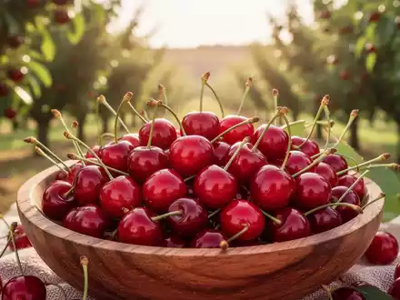 Nahaufnahme von leuchtend roten Kirschen in einer Holzschale, mit einem unscharfen Hintergrund eines sonnigen Obstgartens. - Foto: über boerse-global.de