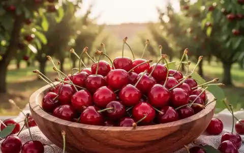 Nahaufnahme von leuchtend roten Kirschen in einer Holzschale, mit einem unscharfen Hintergrund eines sonnigen Obstgartens. - Foto: über boerse-global.de