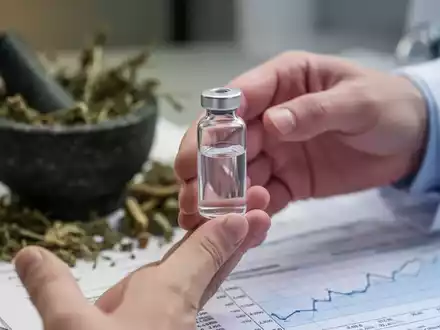 Eine Hand hält ein kleines Glasfläschchen, im Hintergrund verschwommen Kräuter und Finanzdokumente, die Sparmaßnahmen symbolisieren. - Foto: über boerse-global.de