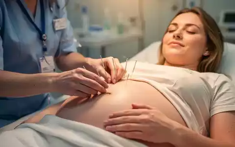 Eine Hebamme führt bei einer schwangeren Frau Akupunktur durch, wobei der Fokus auf den Händen und Nadeln liegt. - Foto: über boerse-global.de