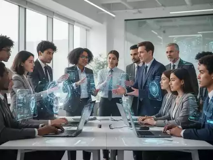 Eine vielfältige Gruppe von Fachleuten arbeitet in einem modernen Büro zusammen, einige interagieren mit digitalen Schnittstellen. - Foto: über boerse-global.de