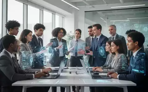 Eine vielfältige Gruppe von Fachleuten arbeitet in einem modernen Büro zusammen, einige interagieren mit digitalen Schnittstellen. - Foto: über boerse-global.de