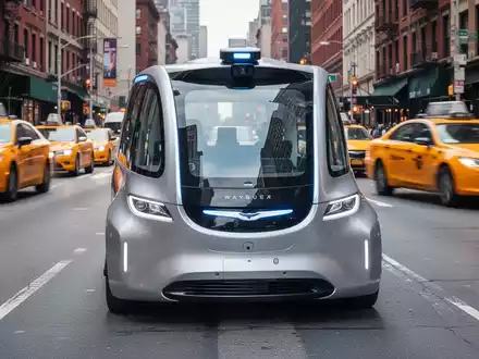 A futuristic Waymo robotaxi stalled on a New York City street, with yellow cabs in the background, symbolizing regulatory roadblocks. - Foto: über boerse-global.de