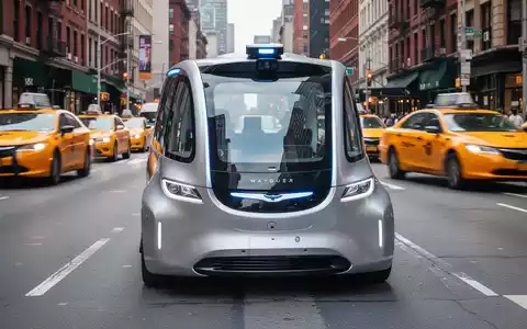 A futuristic Waymo robotaxi stalled on a New York City street, with yellow cabs in the background, symbolizing regulatory roadblocks. - Foto: über boerse-global.de