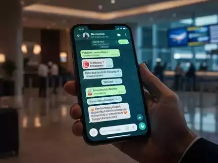 Ein Smartphone zeigt eine betrügerische WhatsApp-Nachricht, die sich auf eine Reisebuchung bezieht. Im Hintergrund verschwommen eine Hotellobby. - Foto: über boerse-global.de