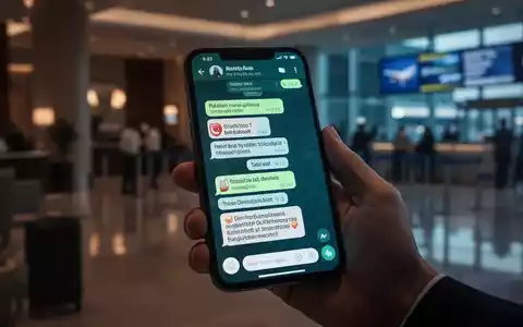 Ein Smartphone zeigt eine betrügerische WhatsApp-Nachricht, die sich auf eine Reisebuchung bezieht. Im Hintergrund verschwommen eine Hotellobby. - Foto: über boerse-global.de