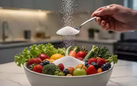 Eine Hand hält einen Löffel Zucker über einer Schale mit frischem Obst und Gemüse in einer modernen Küche. - Foto: über boerse-global.de