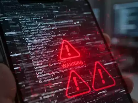 Nahaufnahme eines Smartphone-Bildschirms mit glitchendem Code und roten Warnzeichen, die eine Cyber-Bedrohung auf einem Android-Gerät symbolisieren. - Foto: über boerse-global.de