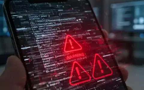 Nahaufnahme eines Smartphone-Bildschirms mit glitchendem Code und roten Warnzeichen, die eine Cyber-Bedrohung auf einem Android-Gerät symbolisieren. - Foto: über boerse-global.de