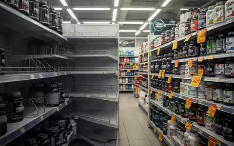 Leere Regale in einem Supermarkt, wo normalerweise Proteinprodukte stehen, während andere Nahrungsergänzungsmittel daneben gut gefüllt sind. - Foto: über boerse-global.de
