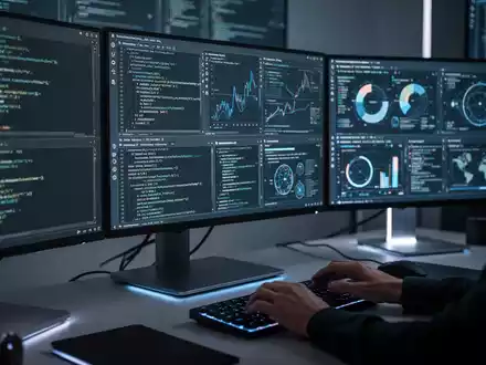 Eine moderne Multi-Monitor-Workstation mit mehreren Bildschirmen, die Code, Daten und Design-Elemente anzeigen, Hände tippen auf einer Tastatur. - Foto: über boerse-global.de