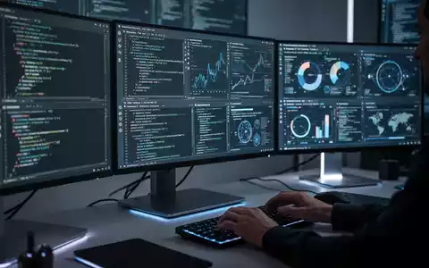 Eine moderne Multi-Monitor-Workstation mit mehreren Bildschirmen, die Code, Daten und Design-Elemente anzeigen, Hände tippen auf einer Tastatur. - Foto: über boerse-global.de