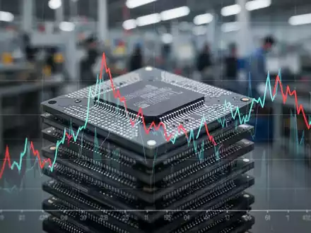 Ein Stapel Mikrochips, teilweise verdeckt von einem fallenden Finanzdiagramm, vor einem unscharfen industriellen Hintergrund. - Foto: über boerse-global.de