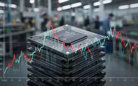Ein Stapel Mikrochips, teilweise verdeckt von einem fallenden Finanzdiagramm, vor einem unscharfen industriellen Hintergrund. - Foto: über boerse-global.de