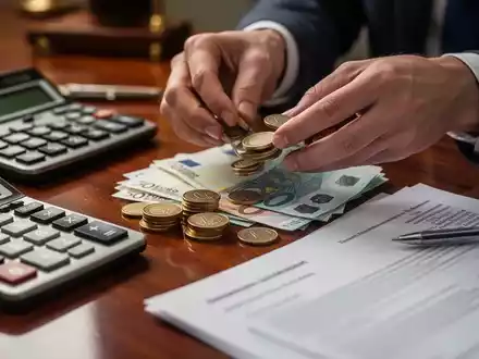 Hände zählen Euro-Münzen und Scheine auf einem Schreibtisch neben einem Taschenrechner und Dokumenten. - Foto: über boerse-global.de