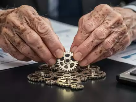 Nahaufnahme der Hände einer älteren Person, die Zahnräder auf einer Oberfläche anordnet, was die Komplexität der Rentenreform symbolisiert. - Foto: über boerse-global.de