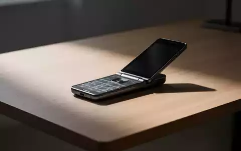 Ein minimalistisches Bild, das ein einzelnes, modernes Klapptelefon auf einem sauberen, aufgeräumten Holzschreibtisch zeigt. - Foto: über boerse-global.de