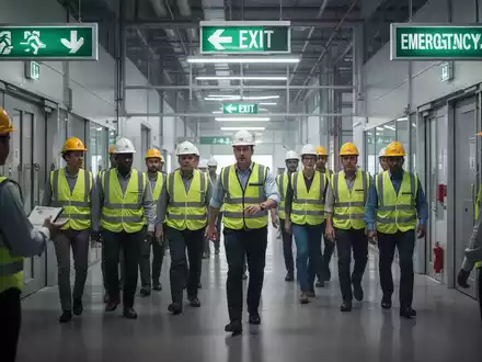 Eine Gruppe von Personen in Sicherheitswesten und Helmen übt eine Evakuierung in einem großen Gebäude, geleitet von einem Ausbilder. - Foto: über boerse-global.de