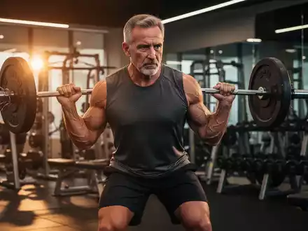 Ein muskulöser Mann über 40, der in einem modernen Fitnessstudio Krafttraining mit freien Gewichten macht. Er hat einen entschlossenen Ausdruck. - Foto: über boerse-global.de