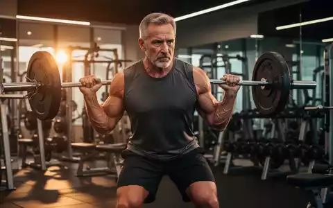 Ein muskulöser Mann über 40, der in einem modernen Fitnessstudio Krafttraining mit freien Gewichten macht. Er hat einen entschlossenen Ausdruck. - Foto: über boerse-global.de