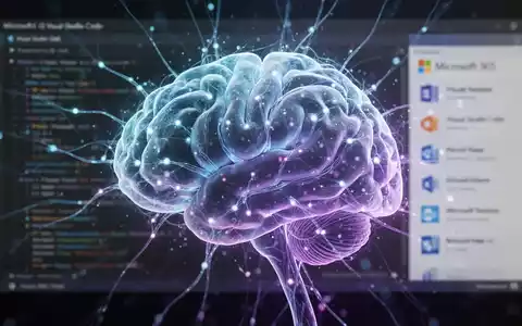 A glowing digital brain with neural pathways, representing AI strategy, with blurred Visual Studio Code and Microsoft 365 interfaces in the background. - Foto: über boerse-global.de