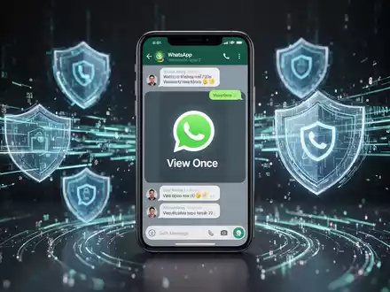 A smartphone showing a WhatsApp chat with a View Once icon, surrounded by digital privacy symbols and data streams. - Foto: über boerse-global.de