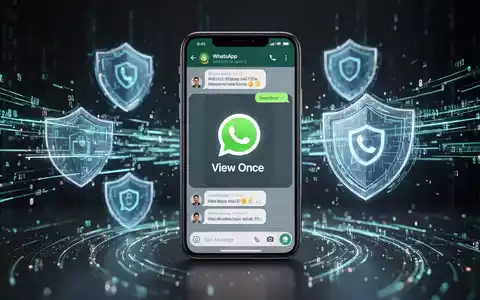 A smartphone showing a WhatsApp chat with a View Once icon, surrounded by digital privacy symbols and data streams. - Foto: über boerse-global.de