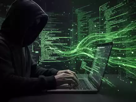 A shadowy figure in a dark hoodie typing on a laptop, with glowing green lines of code and data flowing across the screen. - Foto: über boerse-global.de
