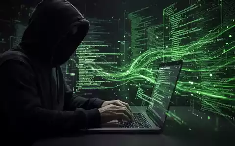 A shadowy figure in a dark hoodie typing on a laptop, with glowing green lines of code and data flowing across the screen. - Foto: über boerse-global.de