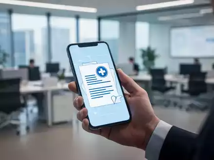 Eine Hand hĂ€lt ein Smartphone mit einer digitalen ArbeitsunfĂ€higkeitsbescheinigung, im Hintergrund ein unscharfes BĂŒro. - Foto: ĂŒber boerse-global.de