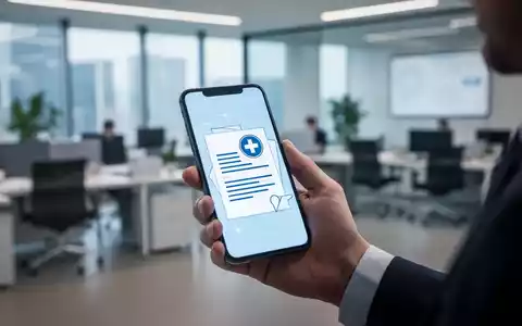 Eine Hand hält ein Smartphone mit einer digitalen Arbeitsunfähigkeitsbescheinigung, im Hintergrund ein unscharfes Büro. - Foto: über boerse-global.de