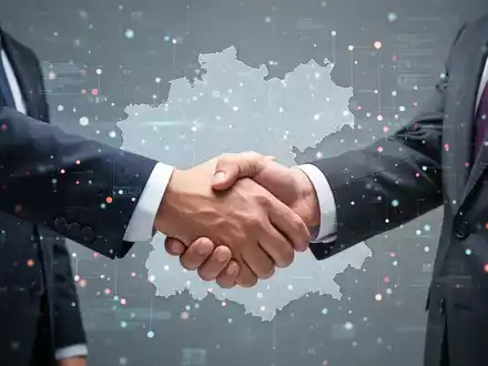 Eine stilisiertes Bild, das eine Handreichung zwischen einem Geschäftsmann und einem Beamten zeigt, vor dem Hintergrund von digitalen Datenpunkten und einer Landkarte der Steiermark. - Foto: über boerse-global.de