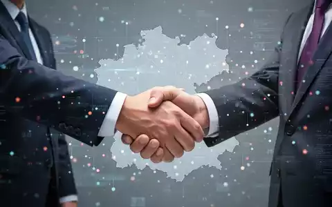 Eine stilisiertes Bild, das eine Handreichung zwischen einem Geschäftsmann und einem Beamten zeigt, vor dem Hintergrund von digitalen Datenpunkten und einer Landkarte der Steiermark. - Foto: über boerse-global.de
