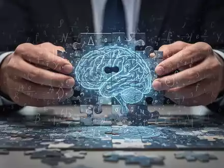 Hände legen ein komplexes Puzzle mit mathematischen Symbolen und gehirnähnlichen Mustern zusammen, im Hintergrund verschwommen. - Foto: über boerse-global.de