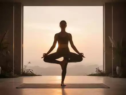 Eine Person in einer ruhigen Yoga-Pose bei Sonnenaufgang, vor einem weichen, warmen Licht, das innere Balance und Frieden symbolisiert. - Foto: über boerse-global.de