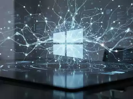 A glowing AI neural network graphic overlaid on a blurred Windows logo, symbolizing Microsoft's AI strategy and integration. - Foto: über boerse-global.de