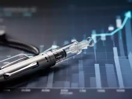 Eine medizinische Injektionsspritze im Vordergrund, unscharf, mit einem Finanzdiagramm im Hintergrund, das steigende Kosten oder Wirksamkeit andeutet. - Foto: über boerse-global.de
