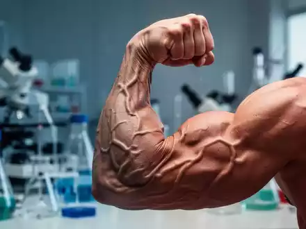 Ein muskulöser Arm ist angespannt, mit deutlich sichtbaren Venen, im Vordergrund, während im Hintergrund Laborgeräte verschwommen sind. - Foto: über boerse-global.de