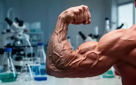 Ein muskulöser Arm ist angespannt, mit deutlich sichtbaren Venen, im Vordergrund, während im Hintergrund Laborgeräte verschwommen sind. - Foto: über boerse-global.de