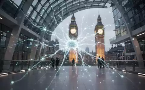 Ein futuristisches, leuchtendes neuronales Netz in einem modernen Londoner Gebäude, mit verschwommenem Big Ben im Hintergrund. - Foto: über boerse-global.de
