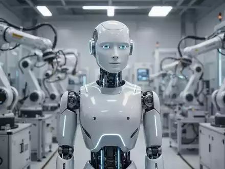 A humanoid robot with sleek design and glowing accents stands in a modern, automated smart factory environment. - Foto: über boerse-global.de